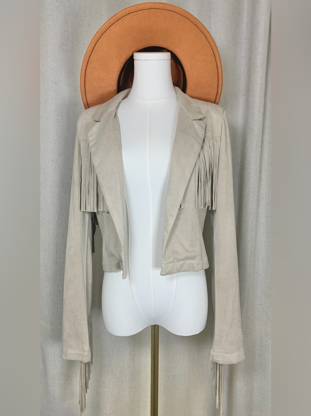 TCEC Anthropologie Cream Faux Suede Fringe Sleeves Western Jacket